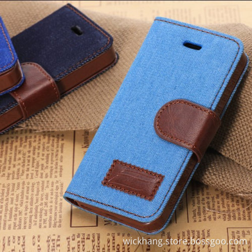 Jean Cowbay Fabric PU Leather Wallet Flip Case for iPhone 4/4s